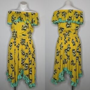 Matilda Jane yellow green floral off the shoulder ruffle dress S